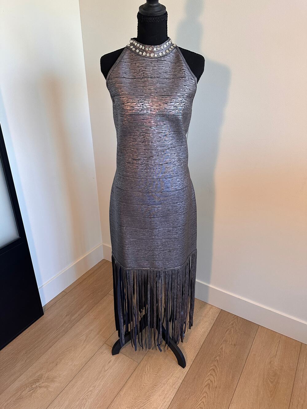 Boston Proper Stunning Bodycon Stretch Gray and Silver Halter Dress Size XL